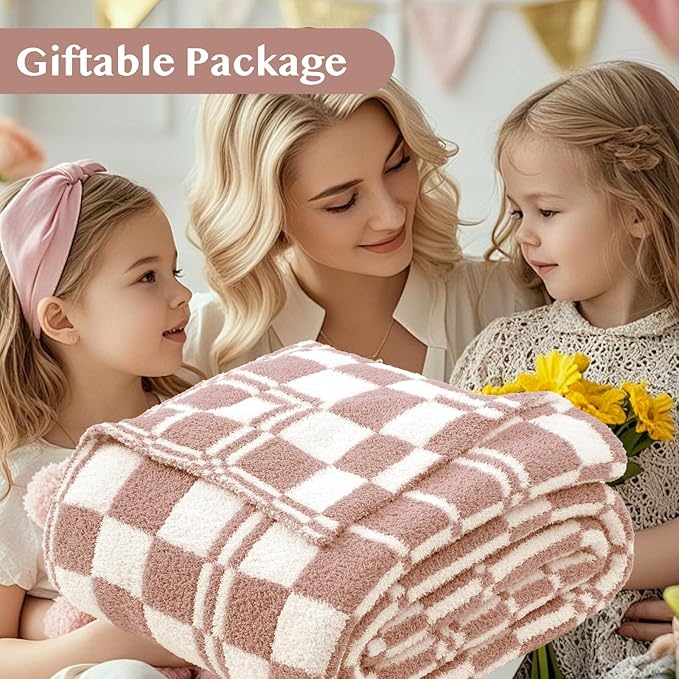 WRENSONGE Checkered Throw Blanket Clay Pink Soft Cozy Fluffy Warm Hand Made Weave Throw Blankets for Couch, Sofa, Chair, Bed, Camping, Picnic, Travel Lightweight Bed Blanket - 60"*80"