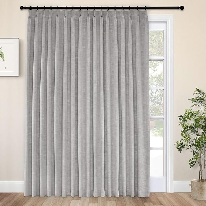 Macochico Blackout Curtains for Sliding Door Pinch Pleated Linen Curtains with Hooks Full Blackout Room Divider for Bedroom Living Room Thermal Curtains with Tieback Ivory White 100" Wx84 L 1 Panel