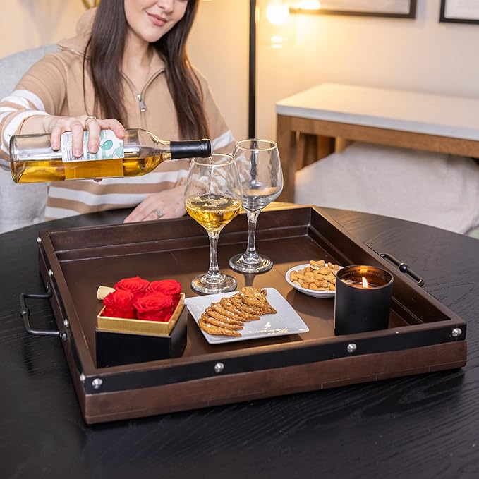 20"x20" Extra Large Square Ottoman Tray, Heavy Duty Mango Wood, for Serving Tea, Breakfast in Bed, Living Room Large Coffee Table Tray Rustic with Farmhouse Style, Decorative Handles and Accent Strap