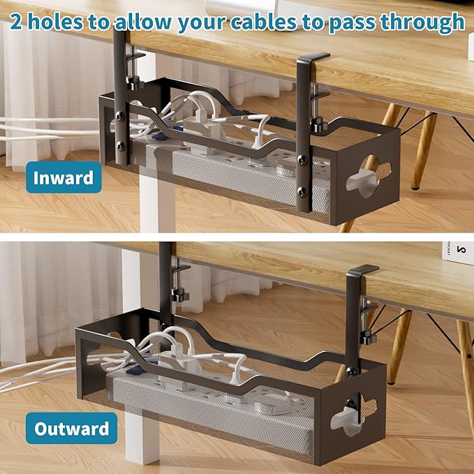 Under Desk Cable Management Tray Black, Litwaro Cable Management Under Desk No Drill, Cable Organizer with Clamp for Wire Management, Cord Organizer No Damage to Desk for Office, Home