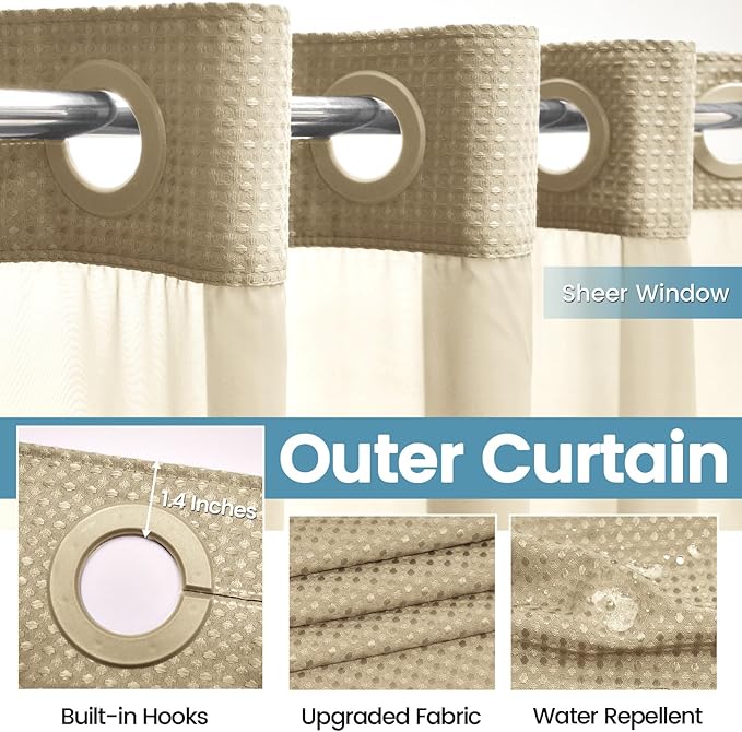 Beige No Hook Shower Curtain with Snap in Liner,230GSM Waffle Weave Shower Curtains for Bathroom,71W x 74H