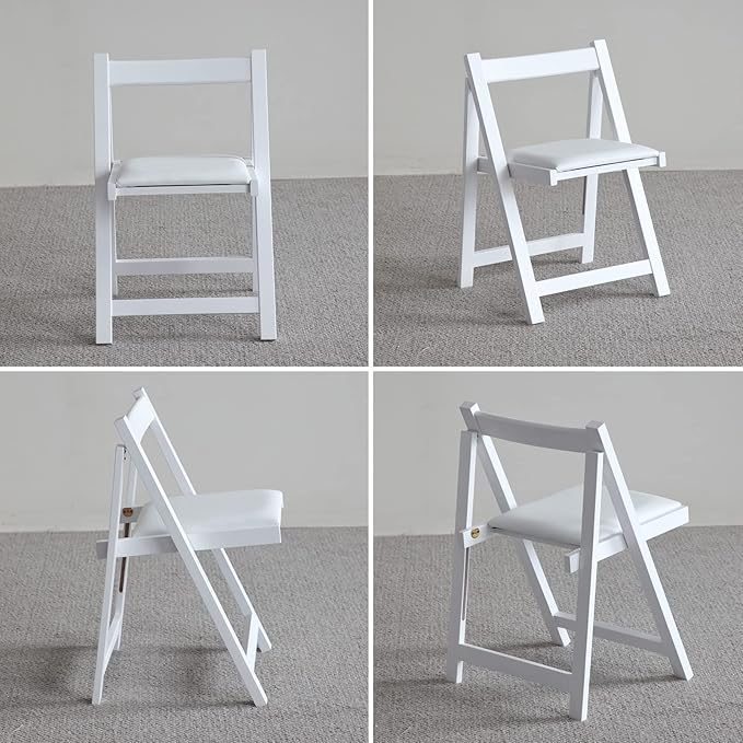 FUNROLUX Folding Dining Chairs with Padded Cushion, Wooden Portable Stackable Foldable Chairs Set of 2 with Solid Wood Frame for Kitchen, Party, RV, No Assembly, White