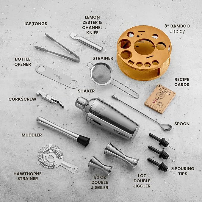 Mixology & Craft Bartender Kit – 15-Piece Cocktail Shaker Set with Bar Tools, Premium Stainless Steel Drink Mixer Accessories for Home Bar, Includes Bamboo Stand, Plus Exclusive Recipe Cards (Silver)