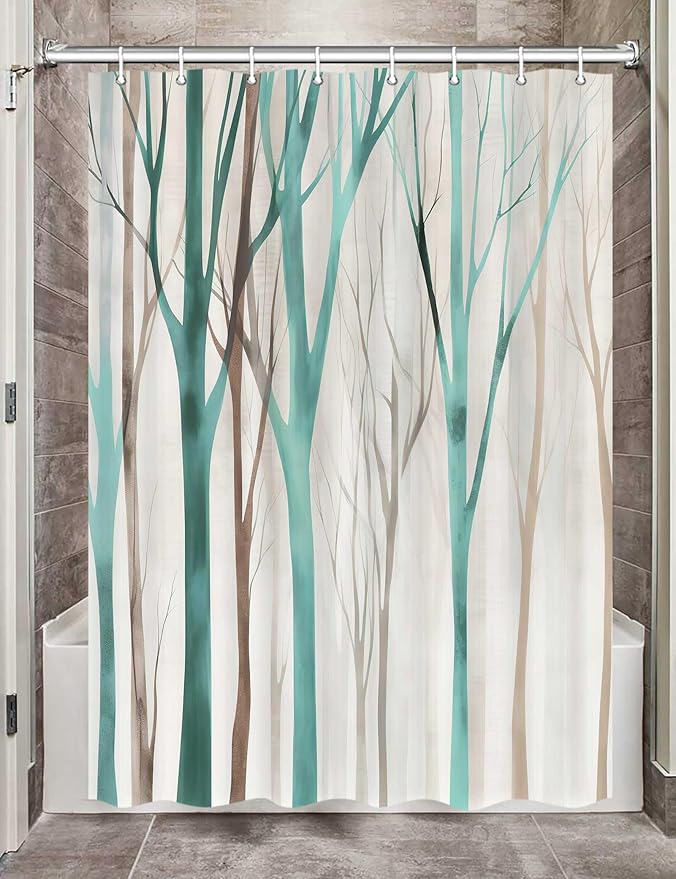 MERCHR Brown Teal Tree Fabric Shower Curtain, Art Style Abstract Birch Forest Rustic Wood Polyester Fabric Waterproof Bath Curtain, Farmhouse Bathroom Shower Curtains with Hooks 72X84 Inch