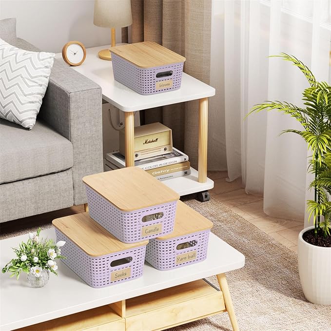 Small Storage Bins with Bamboo Lid, Plastic Storage Box with Lid, 5QT Stackable Organizing Basket with Lable,Storage Container for Classroom, Office, Closet, Shelf Organization, 10x7x4 In-Purple-6 Pcs