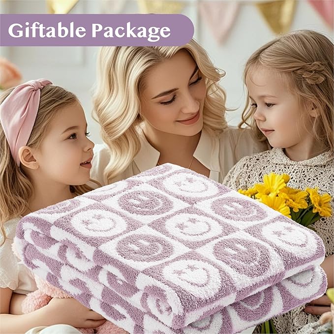 WRENSONGE Checkered Throw Blanket Lilac Smiling Face Soft Cozy Fluffy Warm Hand Made Weave Throw Blankets for Couch, Sofa, Chair, Bed, Camping, Picnic, Travel Lightweight Bed Blanket - 60"*80"