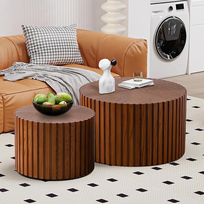 WXFKLDJ Round Nesting Coffee Table Set Cylindrical Wooden Coffee Table Sofa Center Table Circle Embossed Design Side Table for Living Room Apartment No Assembly (Striped Brown Large)