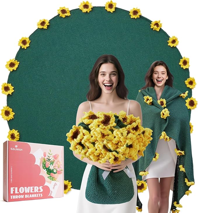 Flower Bouquet Blanket Gifts for Mom Grandma Wife Girlfriend,Completed Crochet Flower Blanket,Soft Knitted Throw Blankets,Gifts for Her Christmas Birthday Anniversary (Yellow Sunflowers)