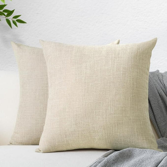 JIUZHEN Beige 20x20 Inch Faux Linen Pillow Covers Set of 2, Neutral Farmhouse Cushion Covers for Sofa Bed, Washed Textured Zippered Pillowcase