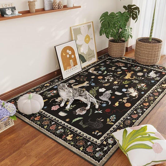 Rugcomf Area Rug 4x6 Rug Washable Boho Rugs Non Slip Low Pile Floral Animal Cat Small Carpet for Bedroom Bedside Kids Room Office Dining Room, Black