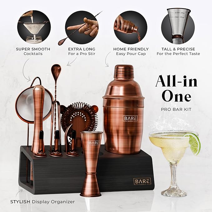 BARE BARREL® Mixology Bartender Kit Bar Set | 14-Piece Cocktail Shaker Set | Martini Barware Mixing Tools for Home Bartending | Incl. 35 Recipe Cards | Gift Set (24oz Cobbler Shaker, Copper/Black)
