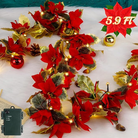 Glintoper Christmas Poinsettia Garland, 5.9 FT Lighted Artificial Garlands with 36 Red Flowers, Battery Operated with Timer Poinsettia String Lights, Light up for Xmas New Year Home Decor