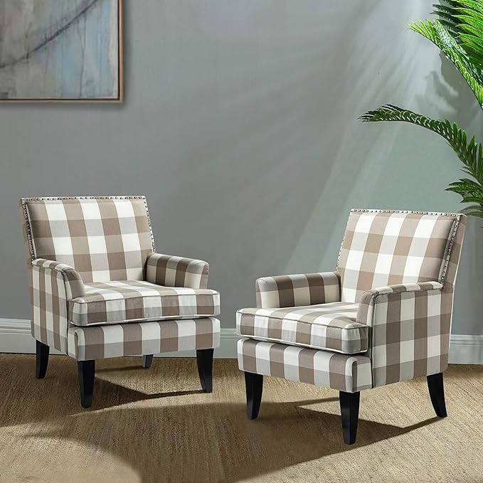 HULALA HOME Modern Accent Chairs Set of 2, Farmhouse High Back Buffalo Plaid Chairs with Wooden Legs & Nail Head Trim, Comfy Upholstered Armchairs for Living Room/Bedroom (Buffalo Beige)
