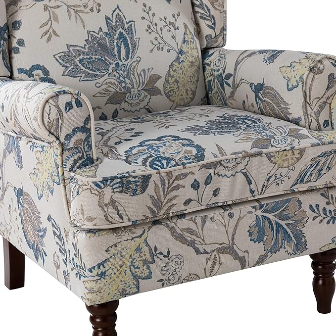 HULALA HOME Wingback Accent Chairs Set of 2 with Retro Wood Legs, Traditional Fabric Armchairs for Living Room Bedroom, Comfy Upholstered Sofa Chairs Reading Chairs with Unique Pattern Design, Blue