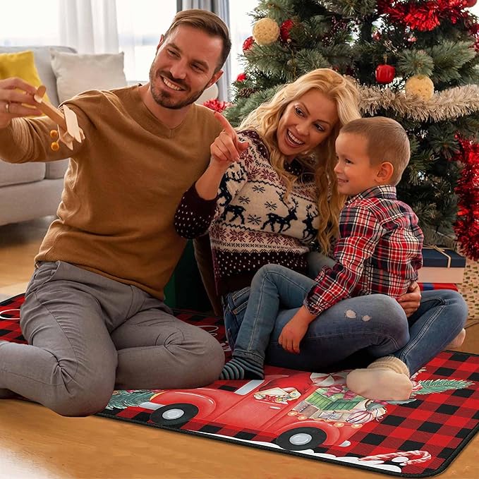Buffalo Plaid Red Truck Christmas Kitchen Rugs 2 PCS, Merry Christmas Kitchen Rug, Non Skid Washable Soft Comfort Kitchen Rugs Set (17"x47"+17"x30",Merry Christmas)