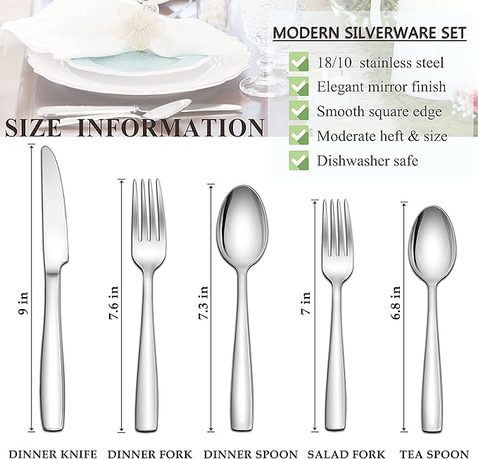 Herogo 18/10 Stainless Steel Silverware Set, 40-Piece Fancy Flatware Cutlery Set for 8, Modern Eating Utensils Tableware for Home Restaurant Wedding, Mirror Polished, Dishwasher Safe