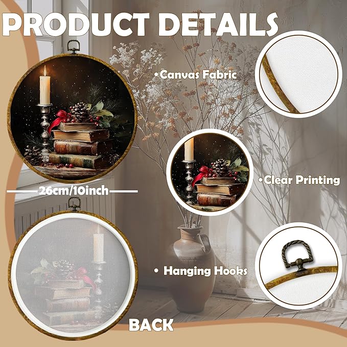 CUANFDDSF Vintage Moody Christmas Book Round Wall Art, Rustic Christmas Candle Bookish Framed Hanging Wall Decor, Cozy Xmas Winter Canvas Prints Decorations for Home Library Reading Room, 10x10 Inch