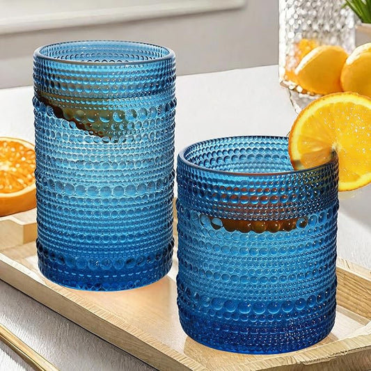 Vintage Hobnail Driinking Glasses Set, Glassware Drinking Set of 8, 12 oz Highball Glasses & 10 oz Cocktail Glasses, Tumbler Glasses for Cocktails, Whiskey, Juice, Milk