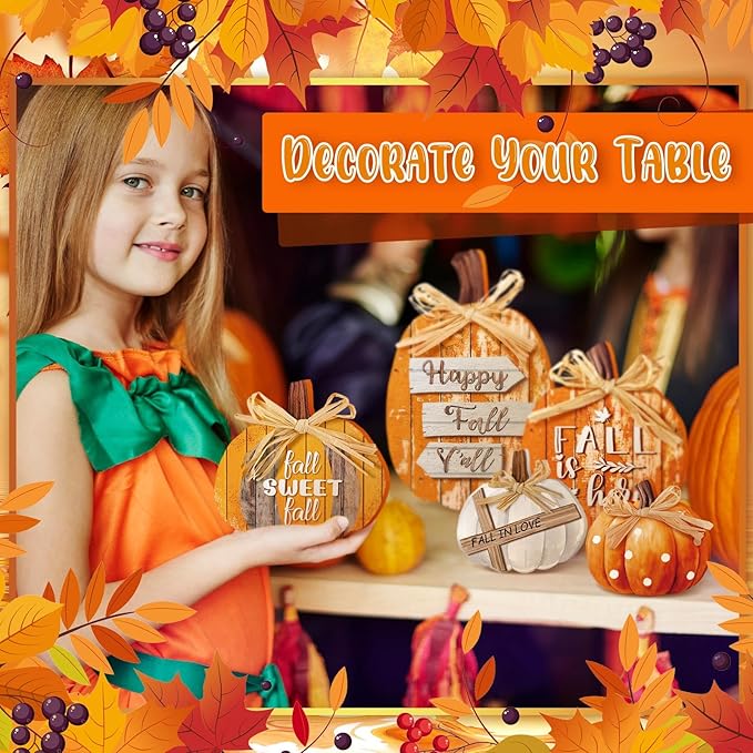 5 Pcs Classic Fall Pumpkin Decor for Home Thanksgiving Wooden Table Centerpiece Decorations Fall Wooden Pumpkin Signs for Autumn Farmhouse Home Living Room Kitchen Mantle Tabletop Supplies