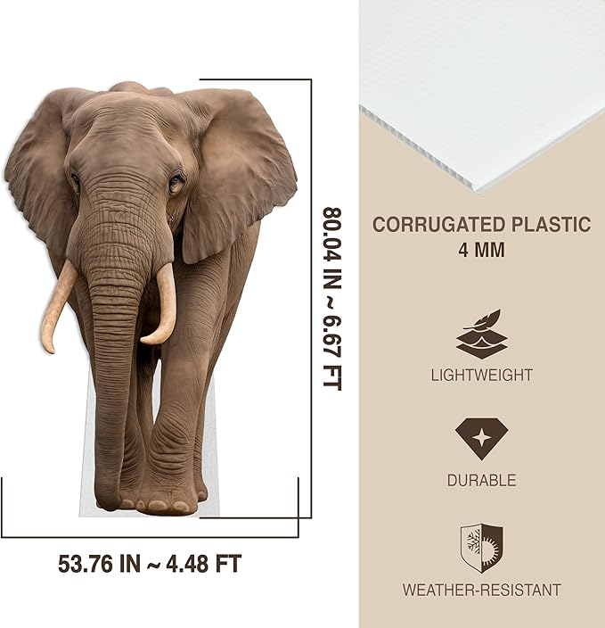Elephant Life Size Standee - 6.6FT Freestanding Coroplast Cutouts | Safari Animal Standup Photo Booths, Jungle Party, Birthday & Halloween Decorations