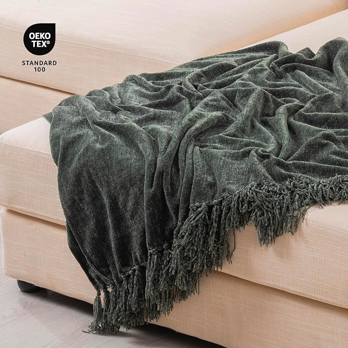 RECYCO Throw Blanket Soft Cozy Chenille Throw Blanket with Fringe Tassel for Couch Sofa Chair Bed Living Room Gift (Dark Green, 60" x 80")