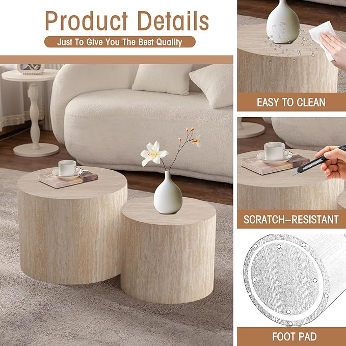 Round Nesting Coffee Table Set of 2 Travertine Round Drum Fluted Coffee Tables for Small Space Modern Stacking Nesting Tables Minimalist Circle Center Table 2 Piece for Living Room (Travertine)
