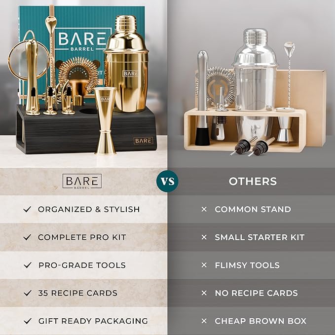 BARE BARREL® Mixology Bartender Kit Bar Set | 14-Piece Cocktail Shaker Set | Martini Barware Mixing Tools for Home Bartending | Incl. 35 Recipe Cards | Gift Set (24oz Cobbler Shaker, Gold/Black)