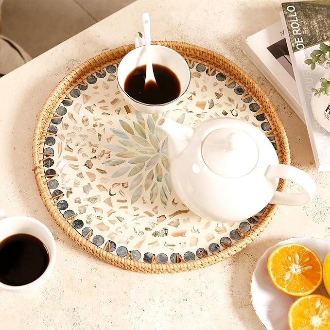 Round Rattan Tray with Mother of Pearl Inlay & Wooden Base - Decorative Wicker Serving Tray for Coffee/Bread/Fruits, Food Storage & Display - Multipurpose Home Decor (M,Blue Shells)