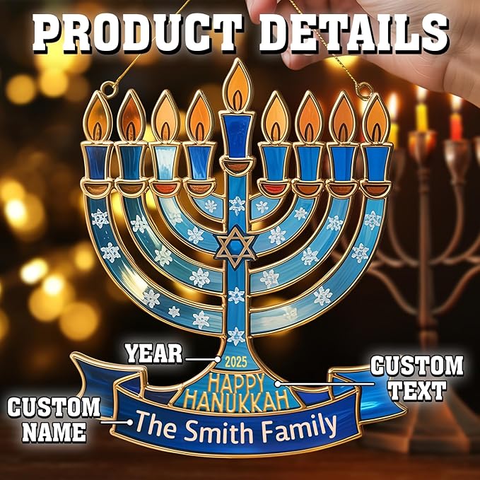 Personalized Hanukkah Suncatchers for Windows - Menorah Shape Ornament, Hanukkah Ornaments for Tree, Merry Chrismukkah Jewish and Christian, House Warming Gifts for Family