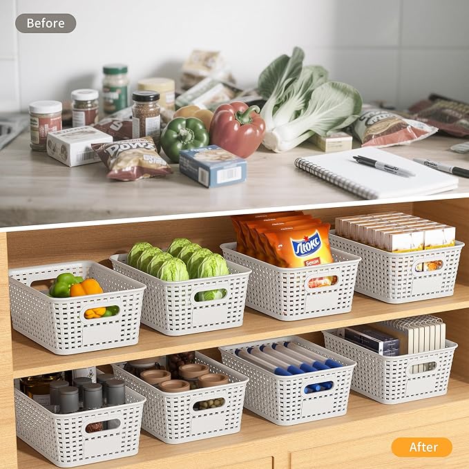 White Plastic Storage Baskets - Pack of 8 with Labels Stackable Durable Storage Bins, Storage Containers for Organizing Desktops, Closets, Playrooms, Classrooms, Offices