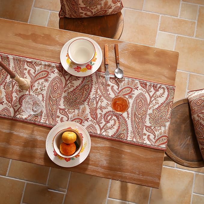 ISAENNE Designer Elegant Red Linen Table Runner 87 Inches Long,Vintage Paisley Pattern Durable Table Runners for Dining Tables,Thanksgiving,Kitchen Tables,Christmas,12"*87"-Chauffrey A