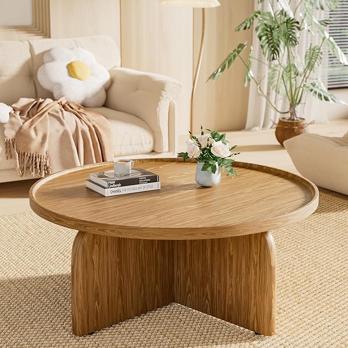 Round Coffee Table with Stylish Curve, 31.5" Circle Wooden Living Room Coffee Table, Modern Farmhouse Center Accent Furniture, Child-Friendly, Easy to Assembly, Brown