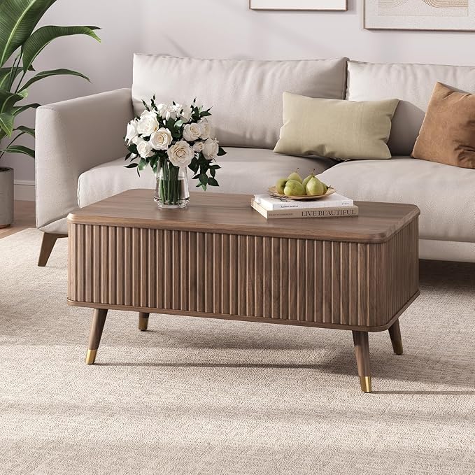Lift Top Coffee Table with Storage Shelf & Hidden Compartment, Mid Century Modern Fluted Rectangle Dining Table for Living Room, Home Office, Walnut