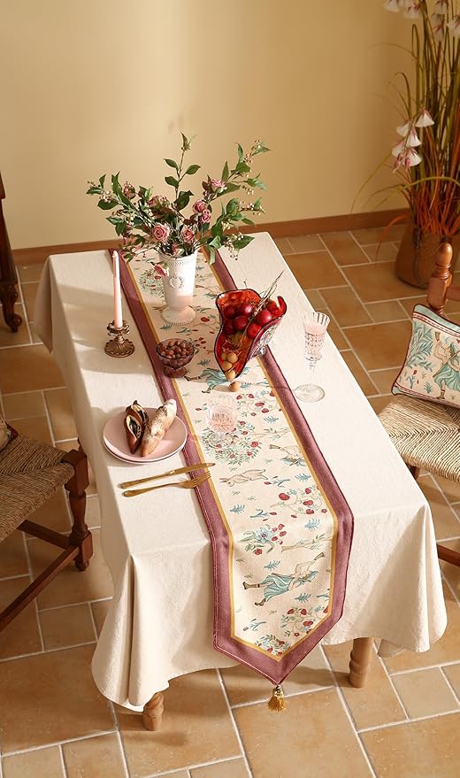 patdrea Designer Idyll Linen Extra Long Table Runner,Vintage Beige Farmhouse with Ancient Figure and Fruit Trees Pattern Table Mat, Decoration for Kitchen Dining Banquet Christmas ,12"*102"