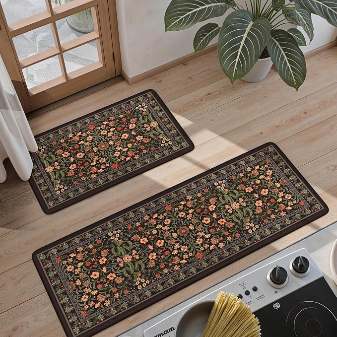 Collive Anti Fatigue Mat for Kitchen Floor, Waterproof Cushioned Sink Mats Non Slip Floral Kitchen Rugs Set of 2, Black Comfort Modern Standing Rug for Office, Laundry, Desk, 17"x30"+17"x47"