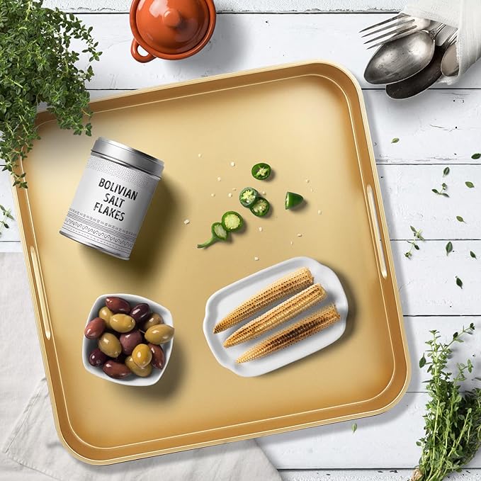 Gold Square Decorative Tray with Handles, 13"*13" Versatile Serving Tray for Coffee Table, Ottoman, Ideal for Serving, Displaying, Organizing