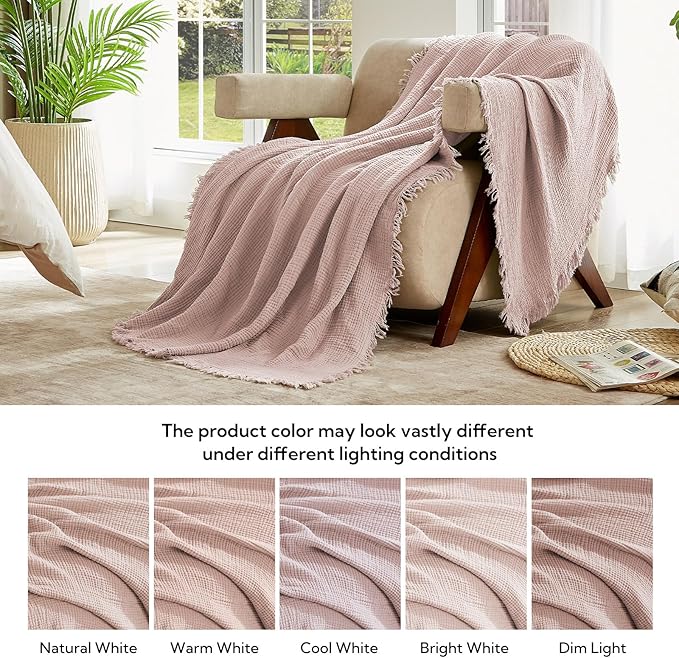 SOULFUL Muslin Throw Blanket with Tassels - Soft Queen Cotton Throw Blanket for Couch or Bed, Lightweight and Breathable Gauze for All Seasons, LightChampagne, 90" x 90"