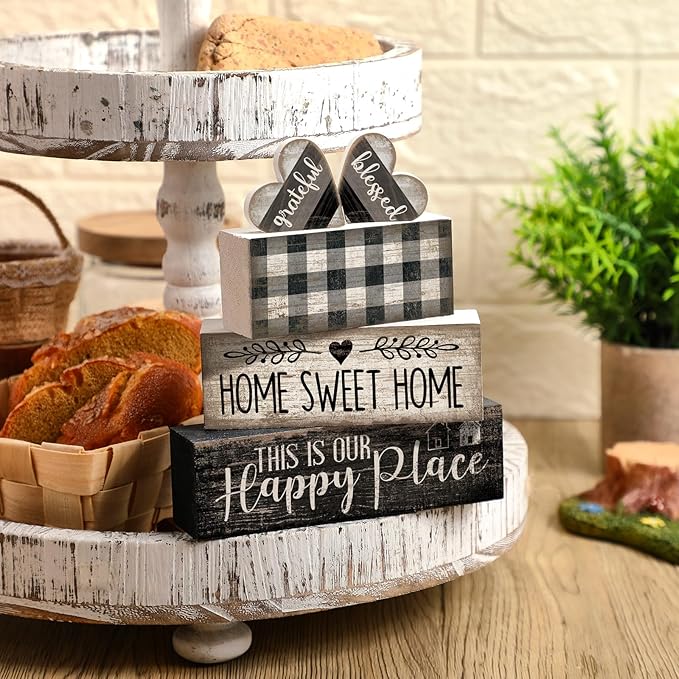 4 Pcs Farmhouse Kitchen Decor Black and White Farmhouse Tiered Tray Decor Home Sweet Home Centerpiece Wooden Heart Rustic Decorative Block Sign for Table Kitchen Shelf Desk Decoration