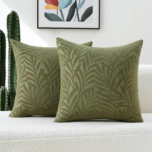 FUTEI Olive Green Decorative Throw Pillow Covers 26x26 Inch Set of 2,Soft Chenille Phoenix Tail Leaf Textured Euro Pillow Shams,Modern Home Decor for Couch Bed Living Room