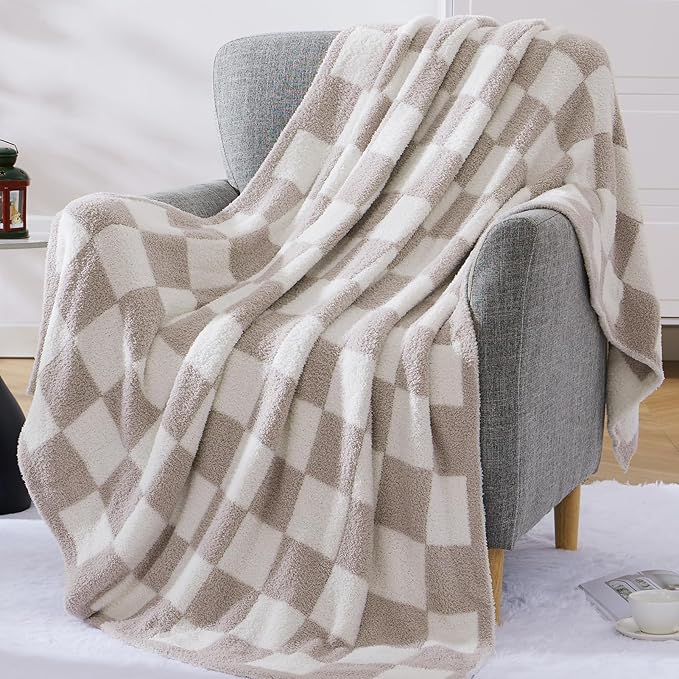 WRENSONGE Fall Checkered Throw Blanket, Taupe Soft Cozy Fluffy Warm Throw Blankets for Couch, Sofa, Chair, Bed, Camping, Picnic, Office,Travel Lightweight Bed Blanket - 50"*70"