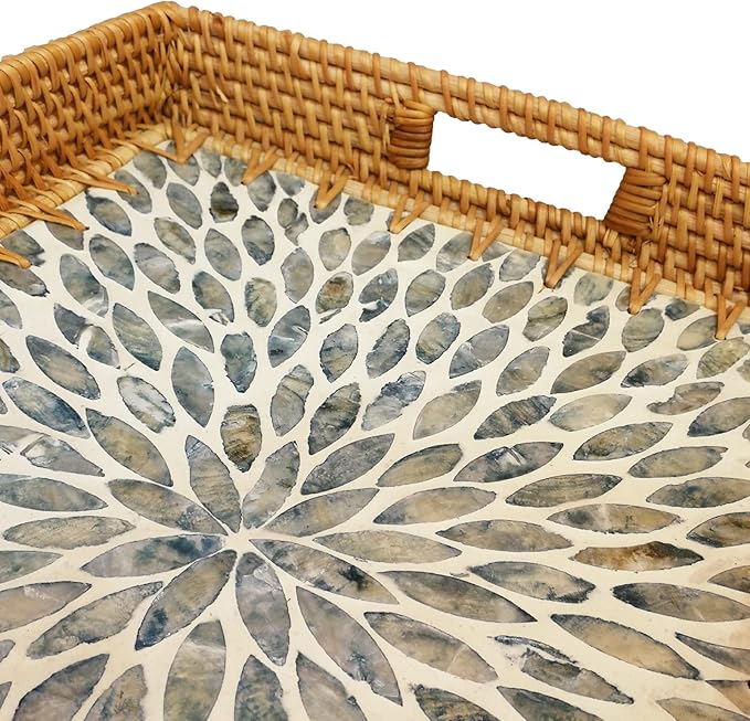 i-lan 14 Inch Rectangular Rattan Woven Tray Basket with Light Blue MOP Wooden Base and Handles, Boho Wicker Coffee Table Serving Tray Décor with 2 Inch Wall, Handmade Display Basket for Dining Room