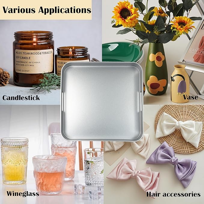 Serving Tray with Gold Trimming, Square Decorative Serving Trays with Handles, Coffee Table Tray Plastic Tray for Ottoman Living Room, Bathroom,Home Decor 13" L x 13" W x 1.57" H(Silver)