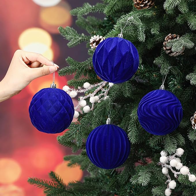 4 Pcs 4 Inch Large Velvet Christmas Ball Ornaments Vintage Christmas Plastic Ball Ornaments Flocked Tree Hanging Decoration for Xmas Party Wedding Home Decor(Deep Blue)