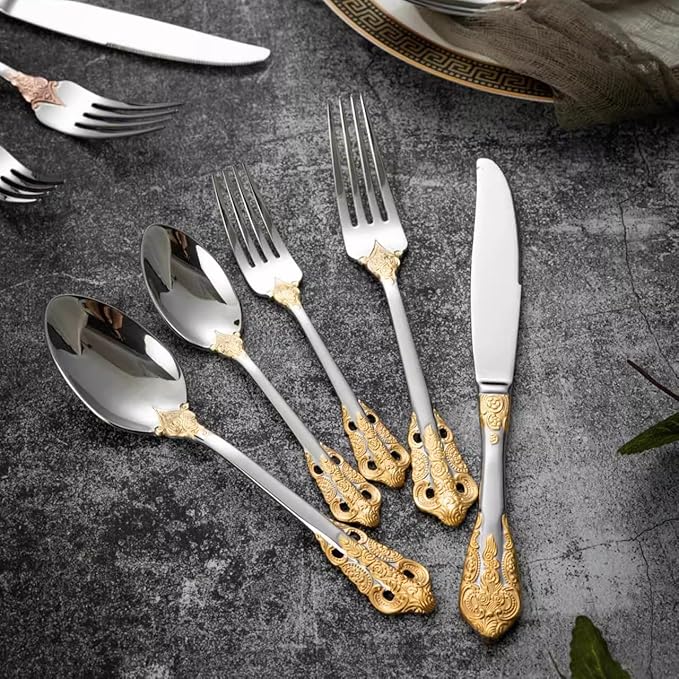 30-Pcs Luxury Silverware Set, Royal Flatware Set, Modern 304 Stainless Steel Flatware, Cutlery, Tableware (Gold & Silver, 30)