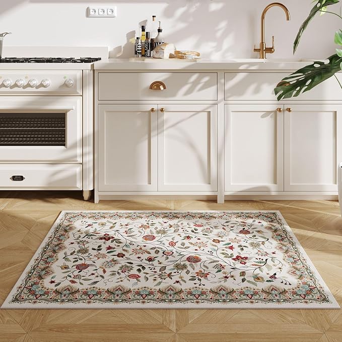 Rugcomf 2'x3' Entryway Rug - Paisley Pattern, Door Mat Indoor Entrance, Floral Vintage, Machine Washable, Non-Slip Low Pile Area Rug for Kitchen, Front Door, Kids Room - Beige