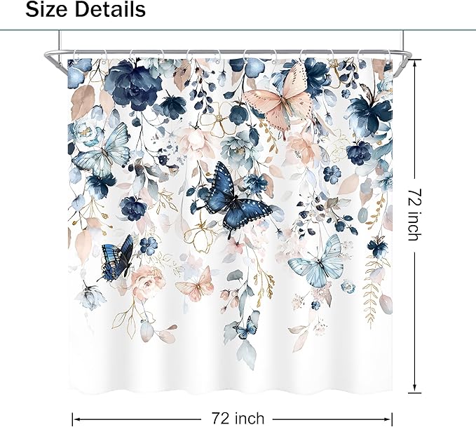 Blue Floral Butterfly Shower Curtain 72Wx72L Inch Navy Flower Plant Gold Leaves Botanical Pastel Watercolor Bathroom Set Pretty Rustic Country Bath Curtain Bathtub Accessories Home Decor