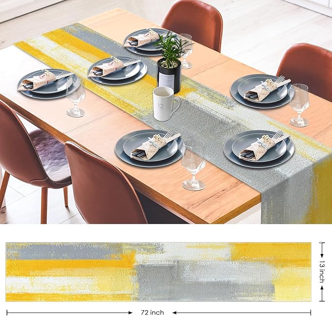 Emvency Yellow Abstract Table Runner, Modern Grey White Art Painting for Kitchen Coffee Table Family Dinners Holiday Parties Wedding Events Decor(13x72 inch)
