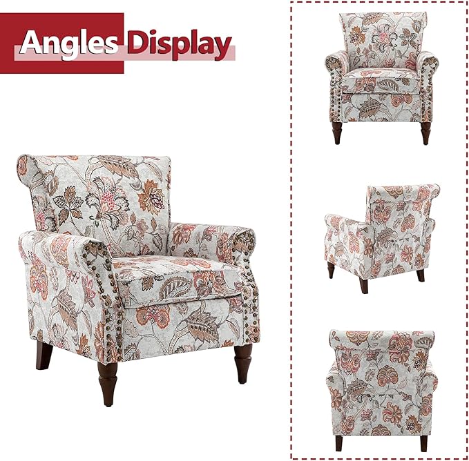 HULALA HOME Modern Wingback Accent Chairs Set of 2 with Wood Legs & Removable Cushion, Comfy Upholstered Armchairs with Nailhead Trim, Floral Pattern Single Sofa Chairs for Living Room Bedroom, Pink