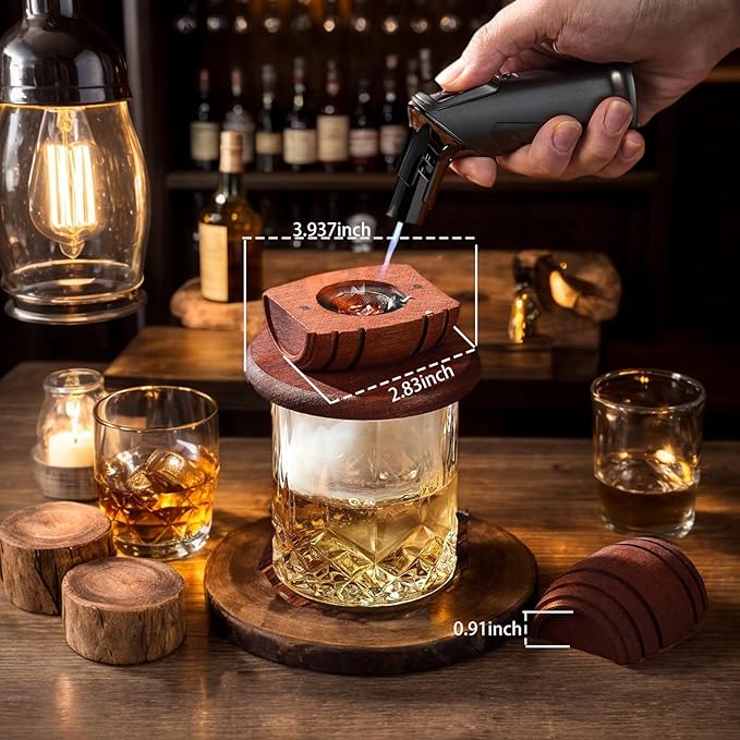 Whiskey Smoker Kit with Torch- 6 Wood Chips, 2 Whisky Glass Sets- Bourbon Cocktail Smoker Set, Old Fashioned Drink Smoker Kit, Ultimate Birthday Gifts for Men, Dad, Husband (No Butane)