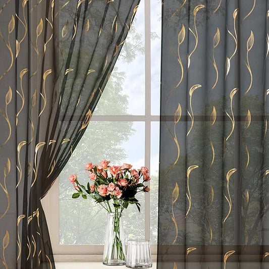 Gold Foil Print Sheer Curtains 63 inches Long, 2 Panels Wicker Bronzing Treatment Sheer Curtain, Rod Pocket Window Treatment Panels for Bedroom Living Room